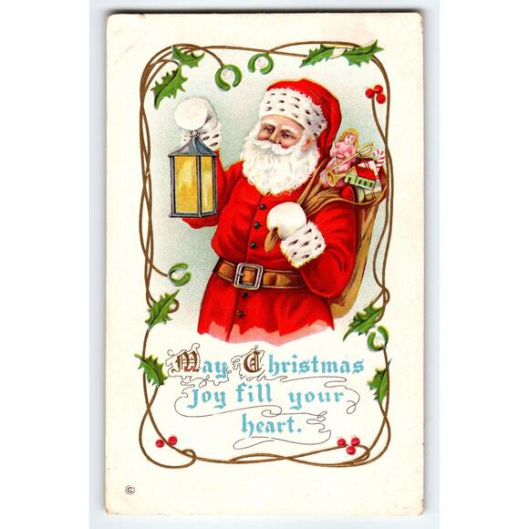 Vintage Santa Claus Stecher Christmas Postcard with Lantern and Toys 314F - Picture 1 of 2